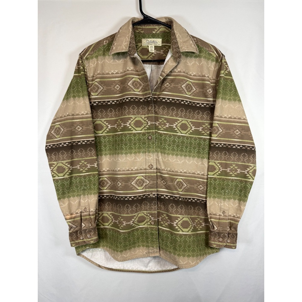 Cabelas Mens Medium Southwestern Flannel Button Down Shirt Green Brown 911763